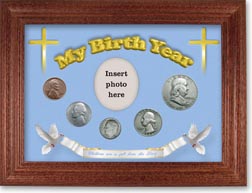 1954 'Children are a Gift from the Lord' My Birth Year Coin Gift Set with a blue background and cherry frame THUMBNAIL