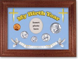 1964 'Children are a Gift from the Lord' My Birth Year Coin Gift Set with a blue background and cherry frame THUMBNAIL