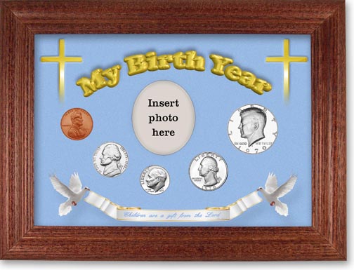 1970 'Children are a Gift from the Lord' My Birth Year Coin Gift Set with a blue background and cherry frame LARGE