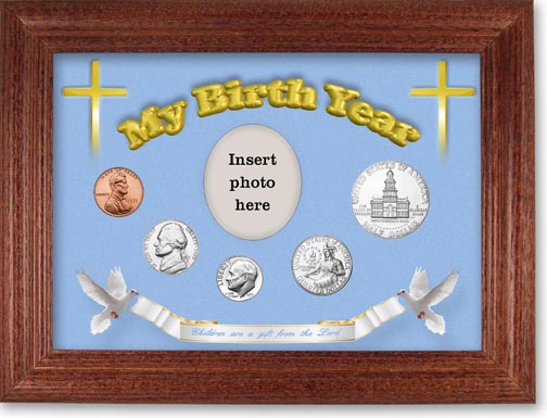 1975 'Children are a Gift from the Lord' My Birth Year Coin Gift Set with a blue background and cherry frame MAIN