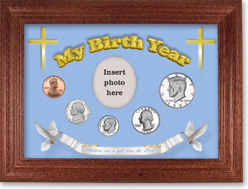 1982 'Children are a Gift from the Lord' My Birth Year Coin Gift Set with a blue background and cherry frame LARGE
