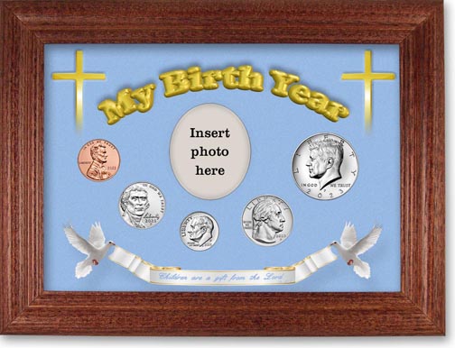 'Children are a Gift from the Lord' My Birth Year Coin Gift Set with blue background, cherry frame LARGE