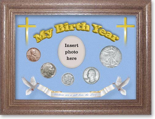 1934 'Children are a Gift from the Lord' My Birth Year Coin Gift Set with a blue background and dark oak frame LARGE