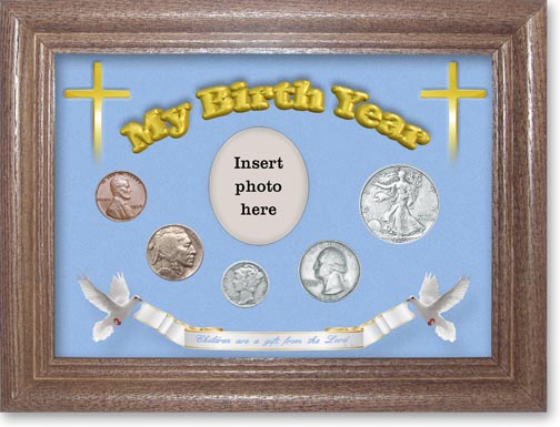 1936 'Children are a Gift from the Lord' My Birth Year Coin Gift Set with a blue background and dark oak frame MAIN