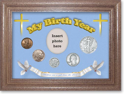 1937 'Children are a Gift from the Lord' My Birth Year Coin Gift Set with a blue background and dark oak frame LARGE