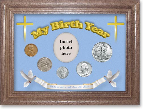 1940 'Children are a Gift from the Lord' My Birth Year Coin Gift Set with a blue background and dark oak frame LARGE