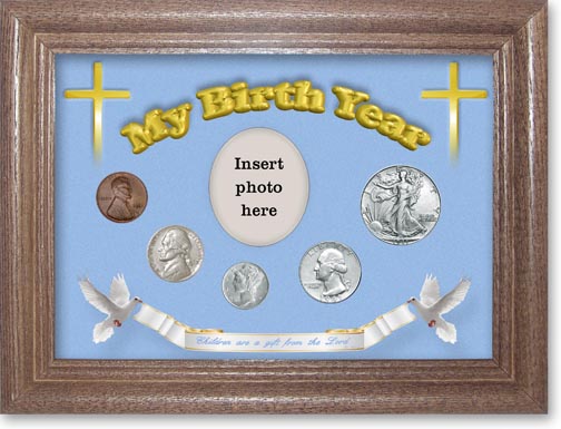 1941 'Children are a Gift from the Lord' My Birth Year Coin Gift Set with a blue background and dark oak frame LARGE