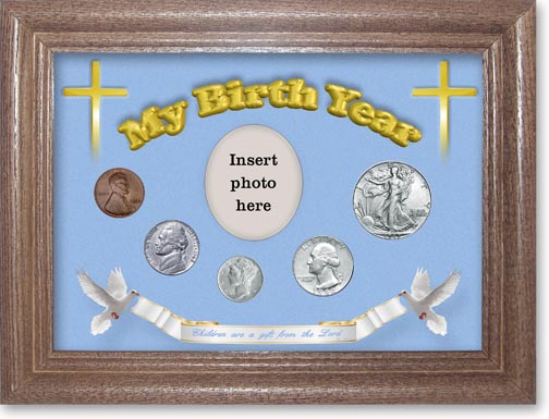 1942 'Children are a Gift from the Lord' My Birth Year Coin Gift Set with a blue background and dark oak frame LARGE