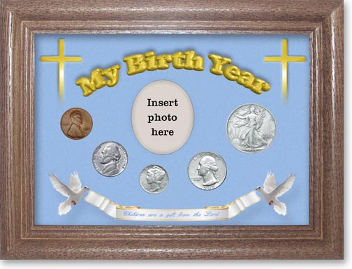 1945 'Children are a Gift from the Lord' My Birth Year Coin Gift Set with a blue background and dark oak frame MAIN