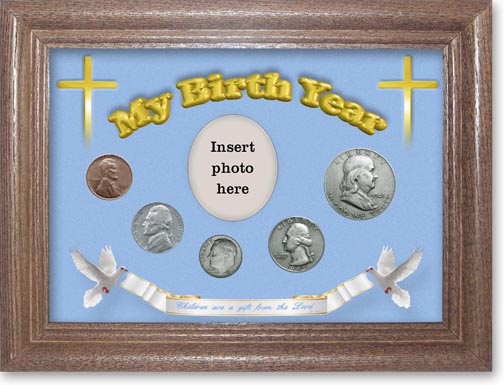 1949 'Children are a Gift from the Lord' My Birth Year Coin Gift Set with a blue background and dark oak frame MAIN