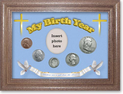 1952 'Children are a Gift from the Lord' My Birth Year Coin Gift Set with a blue background and dark oak frame LARGE