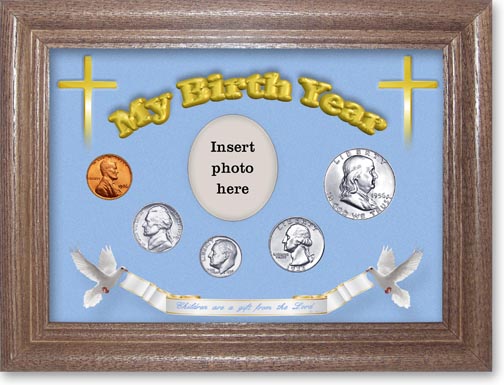 1956 'Children are a Gift from the Lord' My Birth Year Coin Gift Set with a blue background and dark oak frame MAIN