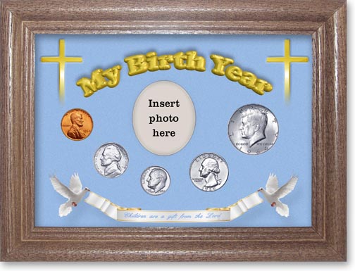 1964 'Children are a Gift from the Lord' My Birth Year Coin Gift Set with a blue background and dark oak frame LARGE