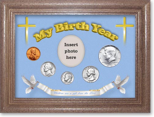1965 'Children are a Gift from the Lord' My Birth Year Coin Gift Set with a blue background and dark oak frame MAIN