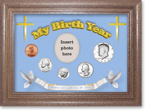 1973 'Children are a Gift from the Lord' My Birth Year Coin Gift Set with a blue background and dark oak frame MAIN