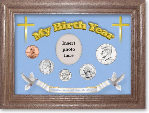 2003 'Children are a Gift from the Lord' My Birth Year Coin Gift Set with a blue background and dark oak frame LARGE