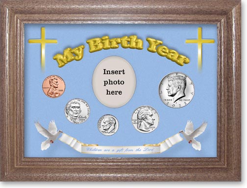 2022 'Children are a Gift from the Lord' My Birth Year Coin Gift Set with a blue background and dark oak frame LARGE