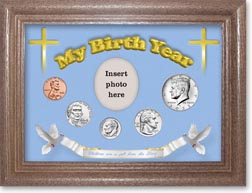 'Children are a Gift from the Lord' My Birth Year Coin Gift Set with a blue background and dark oak frame THUMBNAIL
