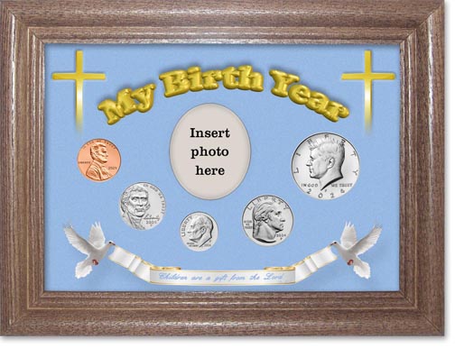 2024 'Children are a Gift from the Lord' My Birth Year Coin Gift Set with a blue background and dark oak frame LARGE