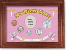 1935 'Children are a Gift from the Lord' My Birth Year Coin Gift Set with a pink background and cherry frame THUMBNAIL