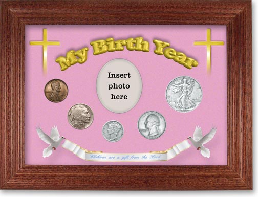 1937 'Children are a Gift from the Lord' My Birth Year Coin Gift Set with a pink background and cherry frame LARGE