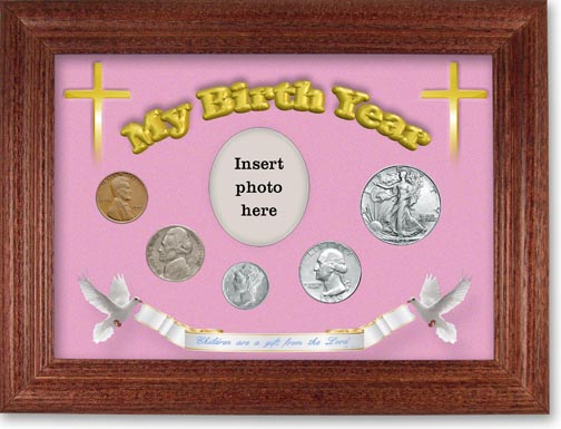 1940 'Children are a Gift from the Lord' My Birth Year Coin Gift Set with a pink background and cherry frame LARGE