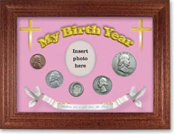 1949 'Children are a Gift from the Lord' My Birth Year Coin Gift Set with a pink background and cherry frame THUMBNAIL