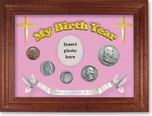 1950 'Children are a Gift from the Lord' My Birth Year Coin Gift Set with a pink background and cherry frame MAIN