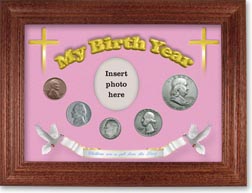 1950 'Children are a Gift from the Lord' My Birth Year Coin Gift Set with a pink background and cherry frame THUMBNAIL