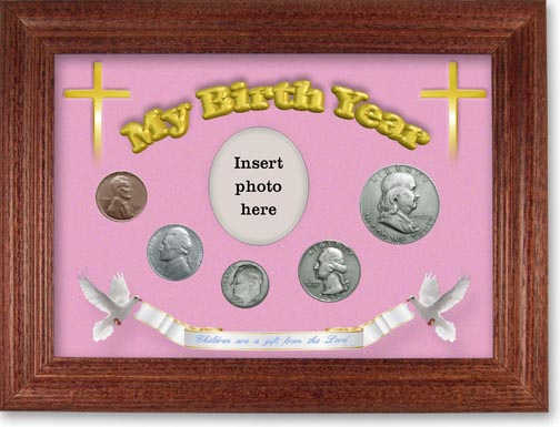 1952 'Children are a Gift from the Lord' My Birth Year Coin Gift Set with a pink background and cherry frame LARGE