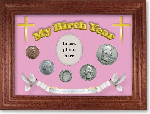 1954 'Children are a Gift from the Lord' My Birth Year Coin Gift Set with a pink background and cherry frame MAIN