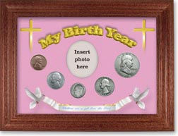 1954 'Children are a Gift from the Lord' My Birth Year Coin Gift Set with a pink background and cherry frame THUMBNAIL