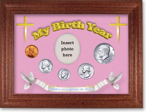 1964 'Children are a Gift from the Lord' My Birth Year Coin Gift Set with a pink background and cherry frame LARGE