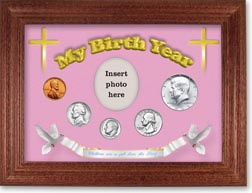 1965 'Children are a Gift from the Lord' My Birth Year Coin Gift Set with a pink background and cherry frame THUMBNAIL