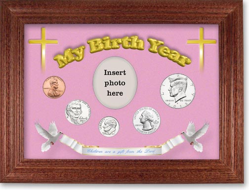 2013 'Children are a Gift from the Lord' My Birth Year Coin Gift Set with a pink background and cherry frame LARGE