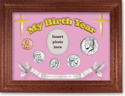 'Children are a Gift from the Lord' My Birth Year Coin Gift Set with a pink background and cherry frame THUMBNAIL