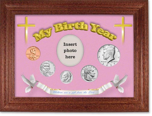 2024 'Children are a Gift from the Lord' My Birth Year Coin Gift Set with a pink background and cherry frame LARGE