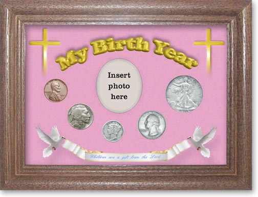 1934 'Children are a Gift from the Lord' My Birth Year Coin Gift Set with a pink background and dark oak frame LARGE