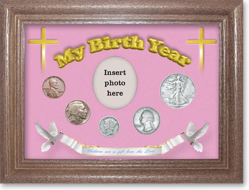 1936 'Children are a Gift from the Lord' My Birth Year Coin Gift Set with a pink background and dark oak frame MAIN