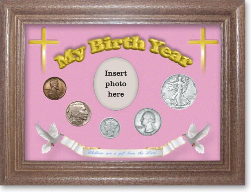 1937 'Children are a Gift from the Lord' My Birth Year Coin Gift Set with a pink background and dark oak frame LARGE