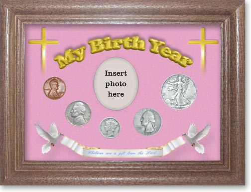1938 'Children are a Gift from the Lord' My Birth Year Coin Gift Set with a pink background and dark oak frame LARGE