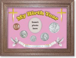 1938 'Children are a Gift from the Lord' My Birth Year Coin Gift Set with a pink background and dark oak frame THUMBNAIL