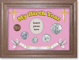 1942 'Children are a Gift from the Lord' My Birth Year Coin Gift Set with a pink background and dark oak frame THUMBNAIL