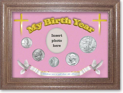 1943 'Children are a Gift from the Lord' My Birth Year Coin Gift Set with a pink background and dark oak frame MAIN