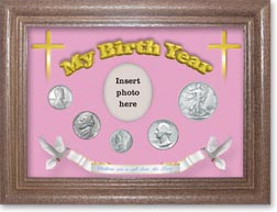 1943 'Children are a Gift from the Lord' My Birth Year Coin Gift Set with a pink background and dark oak frame THUMBNAIL