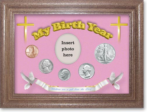 1946 'Children are a Gift from the Lord' My Birth Year Coin Gift Set with a pink background and dark oak frame LARGE