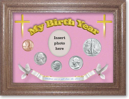 1947 'Children are a Gift from the Lord' My Birth Year Coin Gift Set with a pink background and dark oak frame LARGE