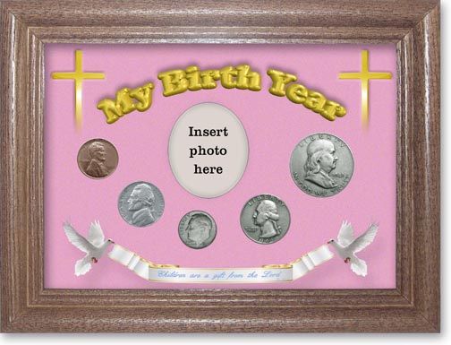 1949 'Children are a Gift from the Lord' My Birth Year Coin Gift Set with a pink background and dark oak frame MAIN