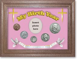 1949 'Children are a Gift from the Lord' My Birth Year Coin Gift Set with a pink background and dark oak frame THUMBNAIL