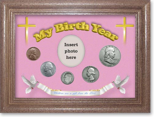 1951 'Children are a Gift from the Lord' My Birth Year Coin Gift Set with a pink background and dark oak frame LARGE